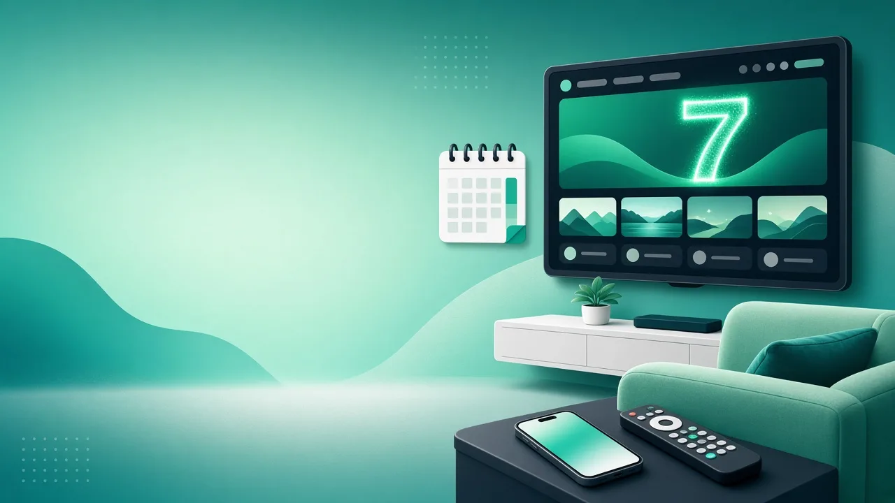 TV exibindo o app de streaming com um 7 iluminado, ao lado de um calendário com sete dias marcados, celular e controle remoto